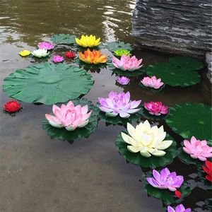 Guirnaldas de flores decorativas 1pc / 5pcs 10 cm Lotus artificial Lirio de agua Flotación flotante Pond Tank Planta Adorno Home Jardín Decoración
