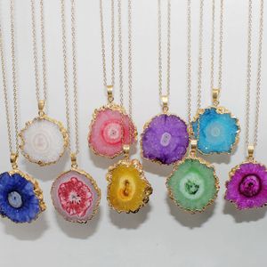 Women Men Girl Irregular Gold Plated Crystal Agates Necklaces Natural Original Stone Colorful Flower Pendant With Chain Jewelry