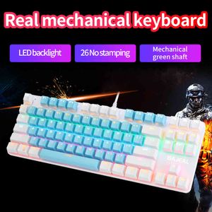 Dwukolorowe 87 Klawisze USB Zielony Przełącznik Axis Mechaniczny Ten Keyless PC Gaming Keyboard Gospodarstwa domowego Części komputerowe