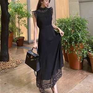 Höst koreansk stil damer virka spets patchwork polka dot elegant lång maxi klänning kvinnor sexig smal svart party robe 210514