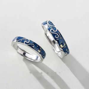 2Pcs Deer Starry Sky Couple Ring Blue Starry Night Adjustable Lover Rings Bands X0715