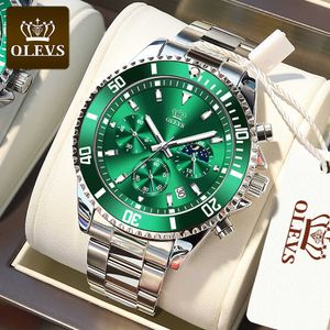 Olevs Men's Watch Top Brand Fashion Rostfritt Stål Multifunktionell Lysande Timing Vattentät Fast 210728