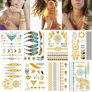 100 Sheets Wholes Girl Body Art Gold Metallic Temporary Tattoo Sticker Sleeve Chain Bracelet Fake Waterproof Jewelry Women