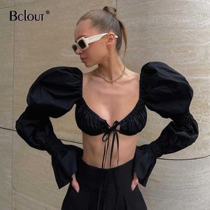 Bclout Sexig Backless Plain Low Cut Top of Women Street Puff Sleeve Square Collar Lace-up Crop Tops Woman Slim Full Sleeve Blus 210709