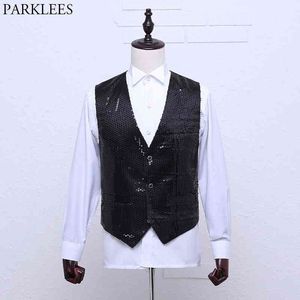 Schwarze Pailletten-Paillette-Weste für Männer, Slim Fit, V-Ausschnitt, Anzugweste, Herren-Club-Party, Bar, Hippie-Westen, Disco-Tanz-Bühne, Prom-Kostüme 210522