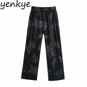 Vintage blommig tryck byxor kvinnor elastisk hög midja flowy rak plus storlek casual lösa byxa höst pantaloner mujer 210514