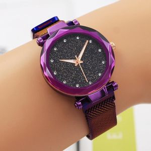 Bayanlar İzler Lüks Elmas Yıldızlı Gökyüzü Dial Gül Altın Mesh Watch Mor Bilezikler Paslanmaz Çelik Kuvars Kadınlar için Reloj Koltwatches