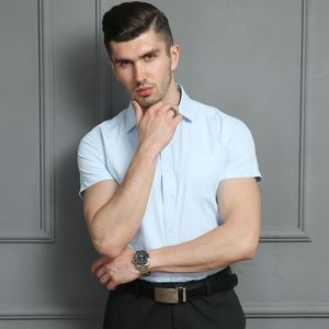 Men's Casual Shirts Bussiness Dress Short Sleeved Shirt Summer Loose Striped Men Social Shirts,White Blue Pink ,Plus Size