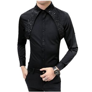 Casual Long-sleeved Men Shirts Fashion Lace Stitching Hair Stylist Nightclub Slim Shirt Men's Wear