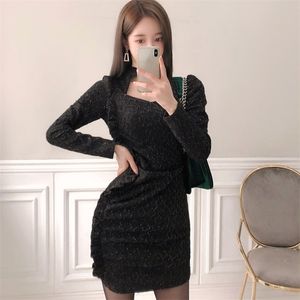 fall winter Black Sexy Dresses Long SLeeve squre neck hang Party mini Dress for women clothing Fashion 210602