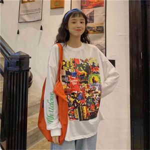 Vintage Karaktär Skriv ut Alla Match Koreanska Style Loose Ankomst Fashion Långärmad O-Neck Kvinnor Top Sweatshirts 210522