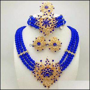 Ohrringe, Halskette, Schmuck-Sets, Set aus nachgemachten blauen Perlen, Dubai, goldfarbene afrikanische Perlen, Kostüm, Braut, Hochzeit, hübsches Mädchen, Drop-Lieferung