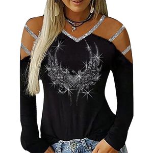 Bling Diamonds Camisetas Para As Mulheres Streetwear Sexy Hollow Out Tshirt Outono Inverno V-Pescoço Tops Slim Shirt D30 210623