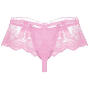 Herren-Dessous, Spitze, Sissy-Unterwäsche, durchsichtig, Schleife, sexy Slips, Höschen, niedrige Taille, offene Ausbuchtung, Tangas, Unterhosen für Damen