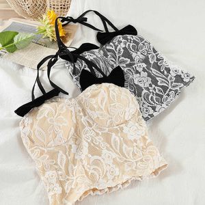 Amoi Short Sexy Lace Halterneck Små Camisole Top med bottenskjorta och topp 210709