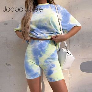 Jocoo Jolee Women Summer Casual Suit Tie-Dye Gradient Löst kort ärm och gatustil Hög midjeshorts Två bit Set 210619