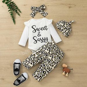 Baby tjejer kläder set romper leopard byxor outfits fall 2021 barn boutique kläder 0-18m spädbarn toddler bomull långärmad 4 pc kostym