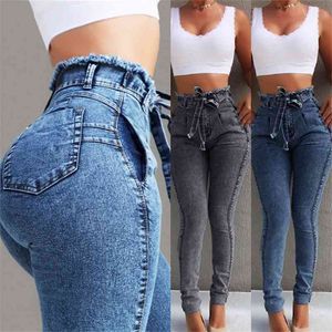 Hög midja jeans för kvinnor slim stretch denim jean bodycon tofs bälte bandage mager push up kvinna 210629