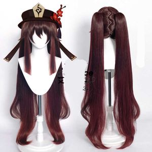 Jogo de luxo Genshin Impact Hu Tao Cosplay Peruca 110cm Longo Calor Resistente Mulheres Sintéticas Cabelo Sintético Perucas Y0903