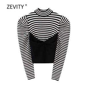 Zevity Kvinnor Vintage Färg Mathcing Patchwork Striped Knitting Sweater Ladies Puff Skeeve Tröjor Chic Pullovers Tops S306 210603
