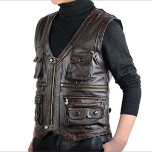 Cowhide Genuine Leather Vest Men Brown Waistcoat Male Sleeveless Jacket Thick High Quality Motorcycle Multi Pocket Zipper 210923