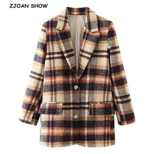 Pojkvän Woolen Blend Kontrollera Plaid Blazer Wide Shoulder Chic Kvinnor Långärmad Lös kostym Casual Coat Outwear 210429