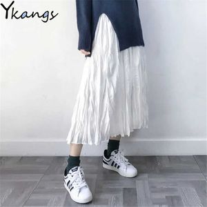 Gothic Wrinkled Black Pleated Skirt Women Korean Style Casual High Waist A-Line Long Skirts White Midi Falda Plisada Streetwear 210619