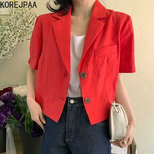 Korejpaa Women Jackets Summer Korean Chic Age-Reducing Lapel Two-Button Design Solid Color Loose Puff Sleeve Short Jacket 210526