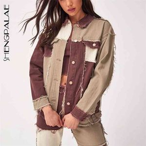 Autumn Women's Denim Jacket Fashion Long Sleeve Turn-down Collar Stitching Color Large Size Cowboy Coat 5A155 210427