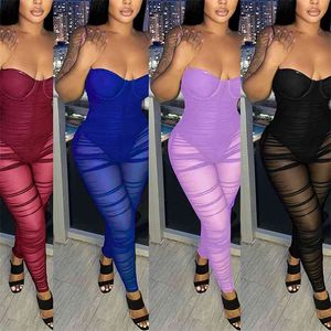 OMSJ Nightclub See Thourgh Jumpsuit For Women Sling Mesh Patchwork Backless Sexy Bodycon Folds Rompers Outfits Plus Size Overall 210517