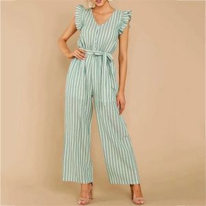 Ruffle Ärmlös Sommar Kvinnor Jumpsuit Green Wide Ben Striped Casual Playsuit Overaller Sash Beach Khaki Långbyxor 210427