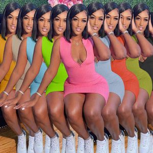 Women Dress Designer Sexy Slim Casual Zipper Solid Color Skirt Summer Mini Skirt Sleeveless Party Nightclub Plus Size Dresses