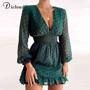 DICLOUD Polka Dot Langarm Kleid Smaragd Frauen Herbst Sexy V-ausschnitt Party Tag Mini Kleid Chiffon Rüschen Kleidung Weibliche y1204