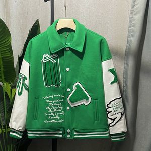 Flockande läder ärmar baseballrock enhetlig modejacka högkvalitativ enkelbröst varma jackor par kvinnor män varsity rockar designer kläder