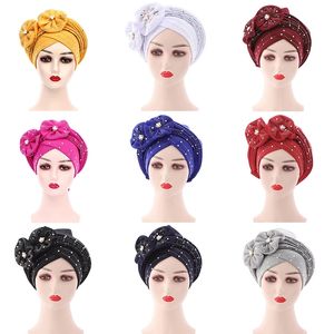 Nowy brokat Rhinestone Muzułmański Turban Afrykański Femme Elastyczne Indian Cap Bonnet Head Okładki Braids Inner Hidżab Hat Mujer