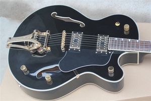 Black Falcon Jazz Electric Guitar G 6120 Semi Hollow Body Golden Tuners Double F Holes Bigs Tremolo Bridge kan anpassas
