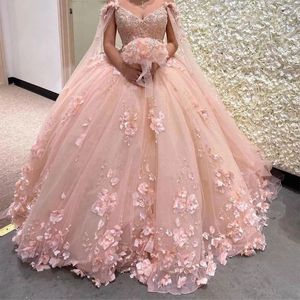 Splendido abito da ballo rosa Abito stile Quinceanera 2022 Applicazioni di perline Gonna lunga senza maniche Dolce 15 16 Compleanno Sweep Train Party