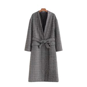 Vintage mulher cinza solto longo xadrez de lã casacos outono moda senhoras espessas favas casacos femininos outerwear 210515
