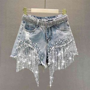 Kvinnor Vår Sommar Elegant Shorts Lady Tassel Beading High Waist Wide Ben Denim Kvinna Casual Solid 210520