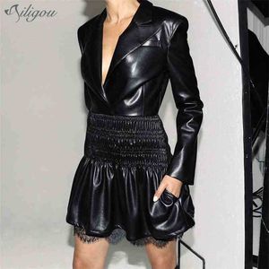 Damen A-Linie, hochwertiges schwarzes, sexy, langärmliges, modisches V-Ausschnitt-Pu-Leder-Minikleid mit drapierter Spitze, Promi-Partykleid 210525