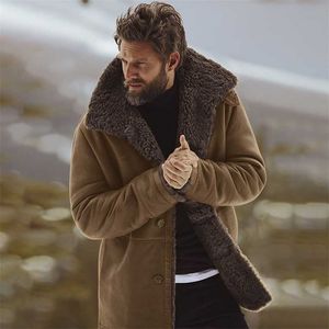 カジュアルな冬のソリッドの暖かい複合革のジャケットコート男性ヴィンテージのターンダウンカラーボタン長袖コート211126