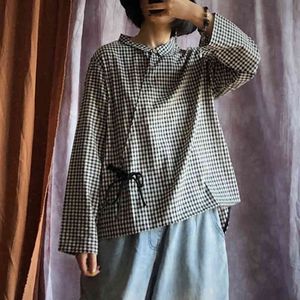 Johnature Vintage Tam Kollu Ekose Gömlek Turn-down Yaka Sonbahar Gevşek Kadın Bluzlar All ile Maç Chines Stil Tops 210521