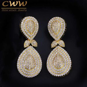 African Nigeria Design Jewelry Micro CZ Stones Pave Long Drop Dubai Gold Color Earrings for Women Party CZ266 210714