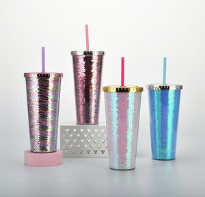 Den senaste 24oz dubbelskiktsplastkaffe mugg, rakformad vattenkopp med glitter halm, stöder anpassad logotyp