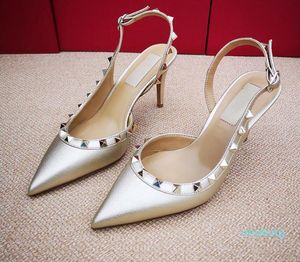 2021 Moda Kobiety Pompy Dorywczo Designer Gold Matt Leather Studged Spikes Slingback High Heels Buty