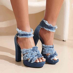 Leshion de chanmeb sexy high-heeled jean sandálias mulheres plataforma borla franja denim alto salto alto zíper sandálias para o verão senhoras Y220211