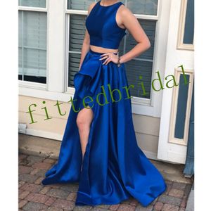 Wholesale teal drapes for sale - Group buy Cheap Simple Two Piece Country Teal Prom Dresses Jewel Neck High Side Split Draped Ruffles Dress Evening Wear Satin Formal Evening Dress