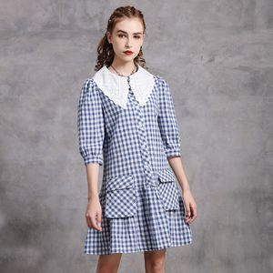 Johnature Women Höst Plaid Klänningar Söt Fickor Knapp Patchwork Peter Pan Collar Fall Kvinna Kläder A-Line Dress 210521