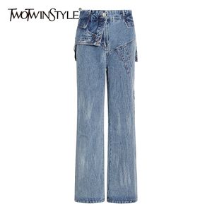 Casual oregelbundna patchwork jeans för kvinnlig hög midja bred ben slips färgbyxor kläder mode 210521