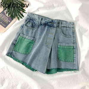 Korobov New Summer Streetwear Kobiety Korean BF Style Button Wht Kolor Patchwork HARAJUKU Pockets Ropa Mujer 210430